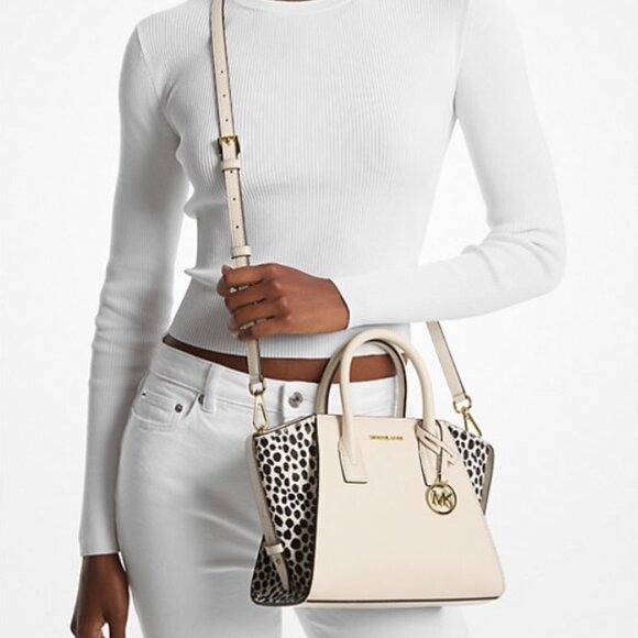 NWT!New! Avril Small Leather and Cheetah Print Calf Hair Satchel -White Cheetah - Picture 1 of 11